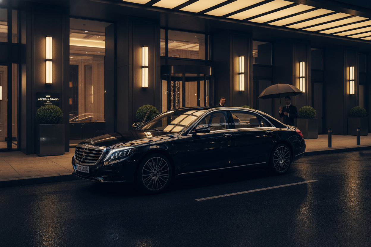 Black chauffeur-driven Mercedes S-Class parked outside a luxury hotel at night, subtle gold reflections, clean minimalist composition, premium concierge vibe, moody cinematic lighting, dark luxury aesthetic, high-resolution.