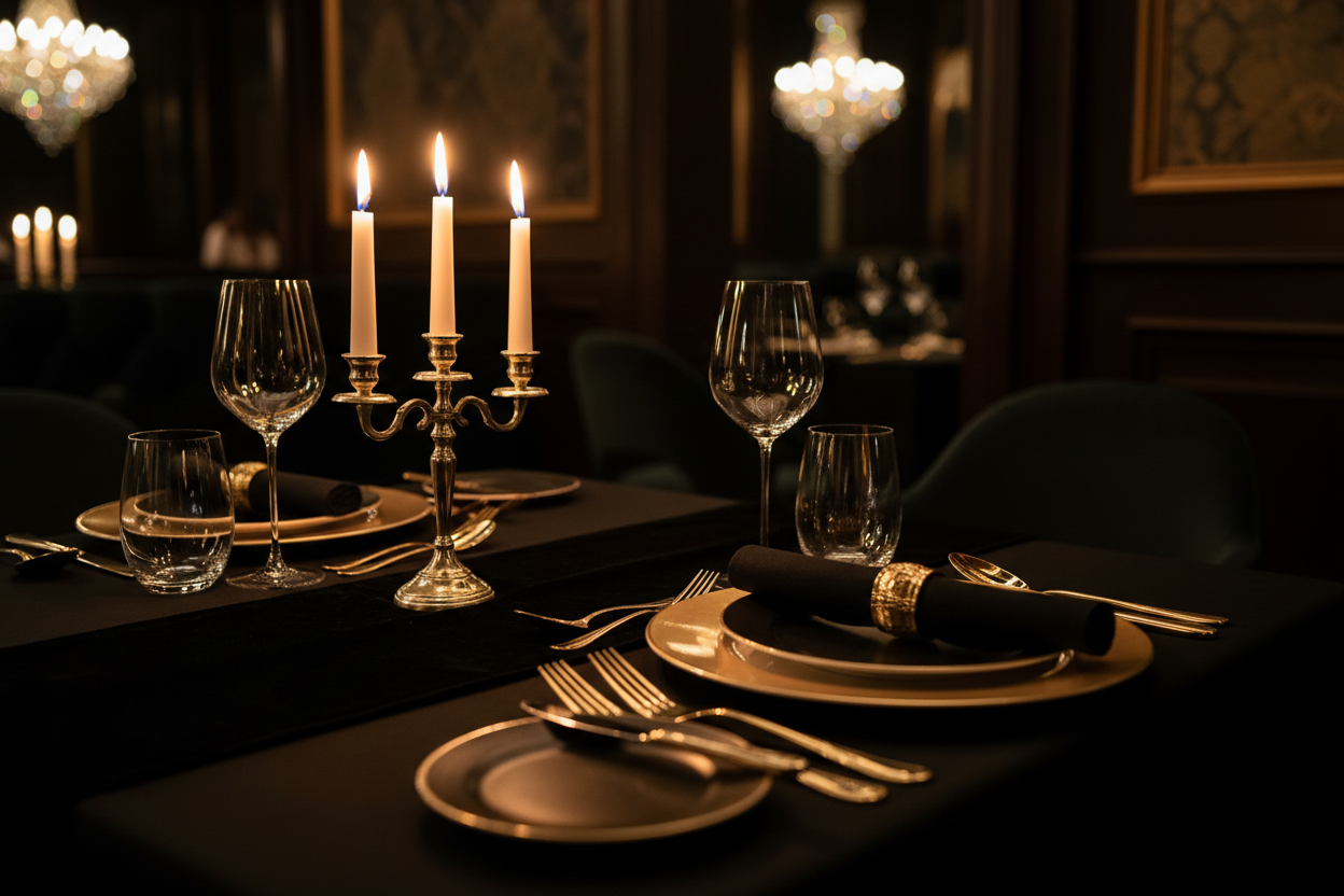 Fine-dining table setting with golden cutlery, wine glasses, candlelight glow, dark upscale restaurant ambience, mysterious luxury feel, black and gold palette, elegant and refined styling, premium concierge mood.