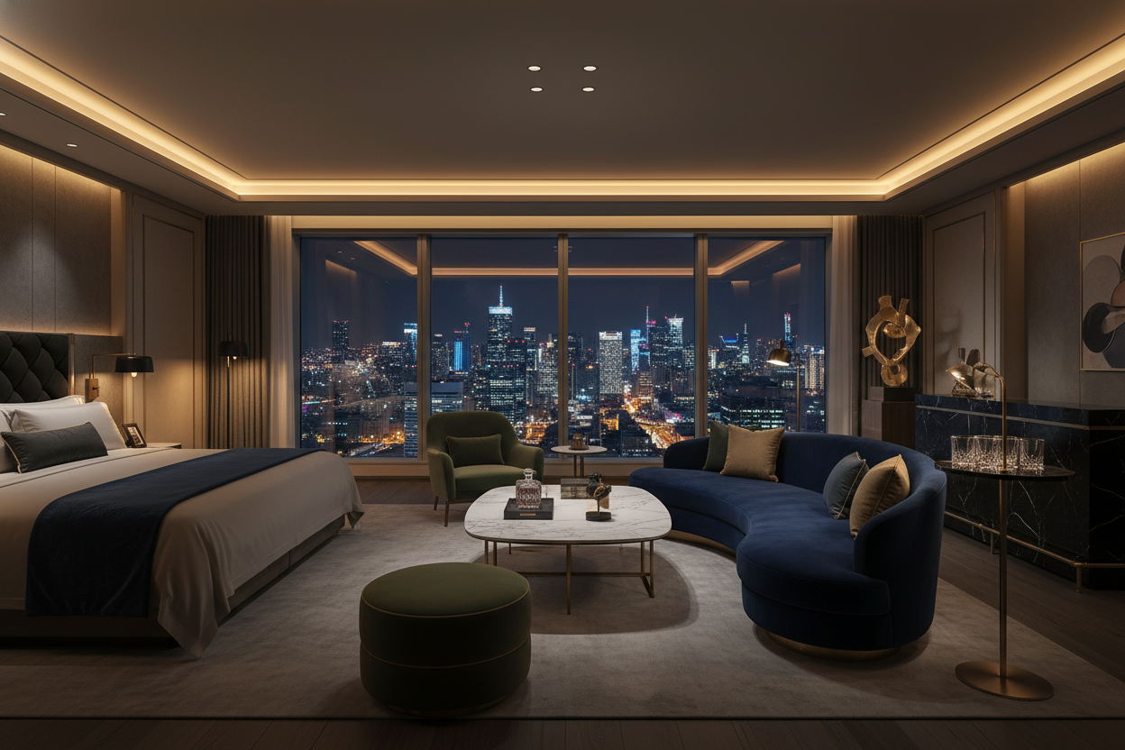 Five-star hotel suite with skyline view at night, gold ambient lighting, minimal modern design, plush textures, premium travel vibe, cinematic dark luxury tone, sophisticated concierge aesthetic.