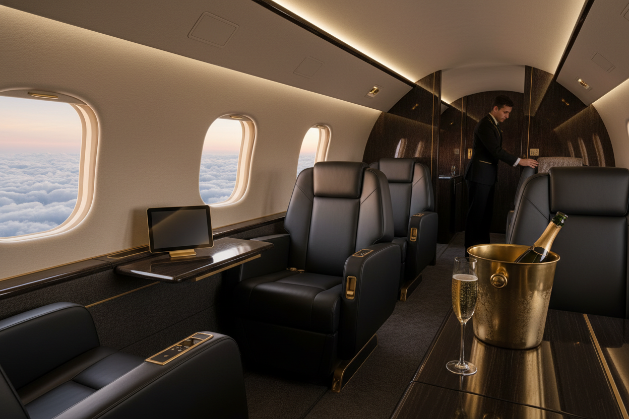 ltra-luxury private jet interior with soft golden lighting, modern leather seats, champagne on a side table, jet windows showing clouds, dark elegant background, premium concierge aesthetic, black and gold colour palette, cinematic lighting, sharp detail